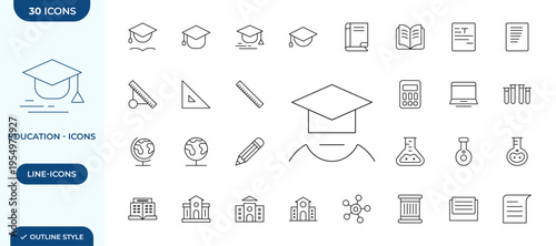 Education line icon set for school university and academic learning. School building science tools and stationery symbols. Academic knowledge and student study vector illustration bundle.