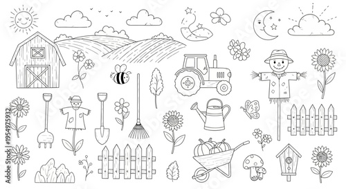 Outline drawing of various farm and garden elements, rustic nature illustrations, isolated white background.