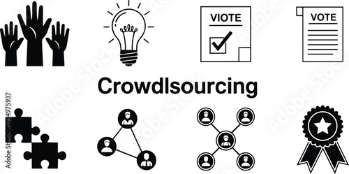 Flat design close up raised hands light bulb and ballot icons for coloring book simple line art network nodes puzzle pieces ribbon badge community collaboration scene