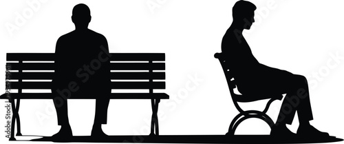 Silhouettes of two men seated on a traditional park bench and a decorative iron bench