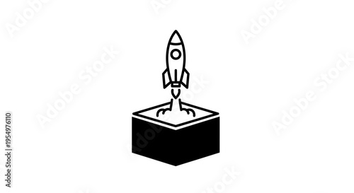 Outline rocket launching from a black box on an isolated white background, symbolizing a startup business taking off from its foundation.