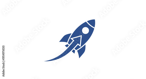 Stylized blue rocket icon flying forward on an isolated white background, representing speed, innovation, and progress.