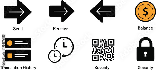 Flat vector icon set close up financial transaction icons showing send receive balance transaction history qr code lock clocks bold outline simple monochrome for coloring book