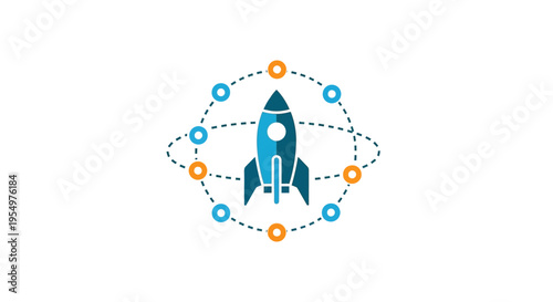 Blue Rocket in Digital Network Circle Icon, Centralized Startup Innovation Concept, Connected Tech Growth on Isolated White Background
