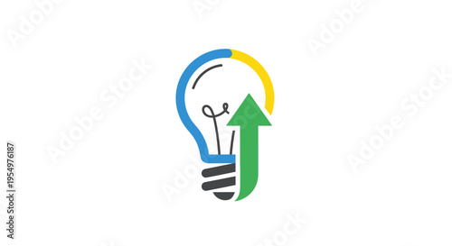 Colorful Light Bulb with Upward Green Arrow Icon, Sustainable Idea Growth Concept, Innovative Thinking Symbol on Isolated White Background