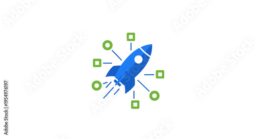Blue Rocket Launching with Digital Network Icon, Tech Startup Innovation Concept, Connected Business Growth on Isolated White Background