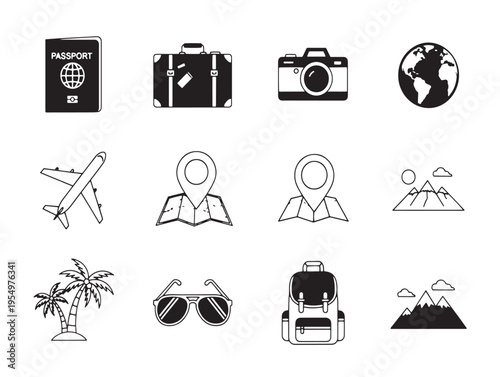 A collection of travel icons in black and white
