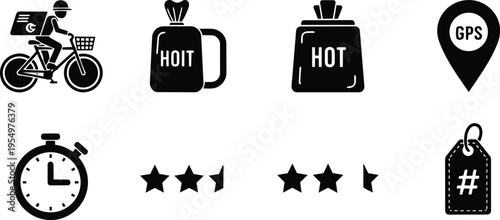 Minimalist vector icon set featuring bicycle courier delivery bag hot food mug stopwatch gps pin star rating price tag simple bold outlines for a coloring book