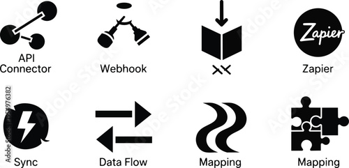 Vector art coloring book page featuring eight api connector webhook sync data flow mapping icons close up black and white line art simple playful bold outlines