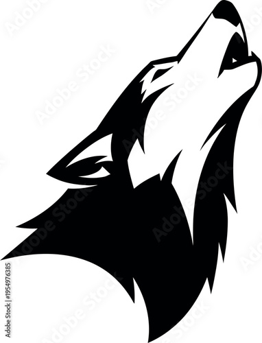 Black wolf head howling on white background
