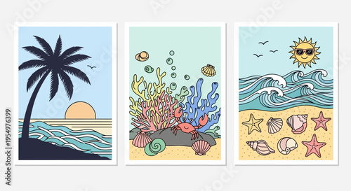 Minimalist Summer Vacation Postcards Set with Palm Trees, Beach Scenes, Coral Reef, and Ocean Adventures