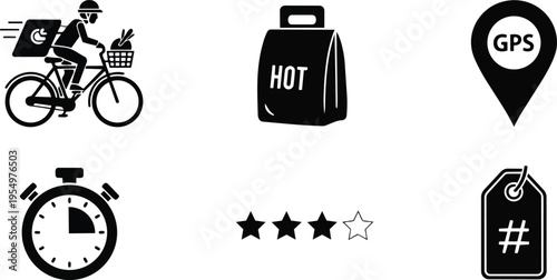 Minimalist vector design delivery cyclist riding with hot food bag and gps pin stopwatch rating tag arranged for coloring book bold outline close up side view