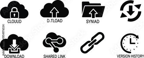 Outline icon set close up cloud storage icons showing upload download share link chain folder clock version history for a coloring book simple bold lines clear