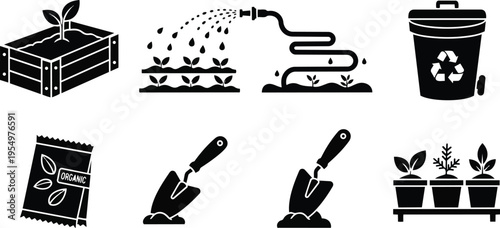 Vector art gardening icons close up planting trowel watering hose seed packet compost bin potted herbs raised bed for coloring book black white