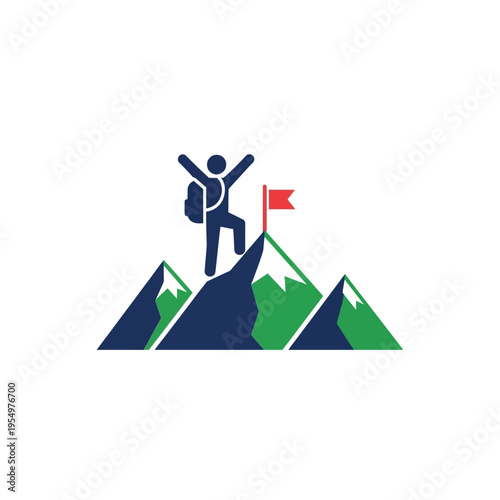 Man on mountain peak with flag.