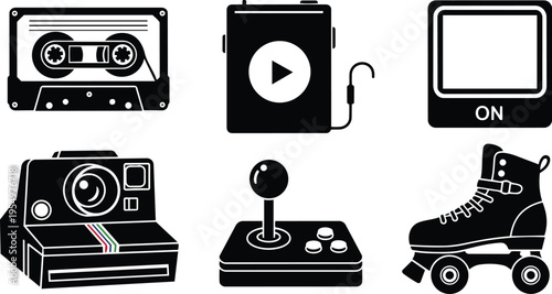 Vintage electronics and retro objects coloring book page featuring cassette tape polaroid camera joystick roller skate old tv mp3 player close up flat vector line art
