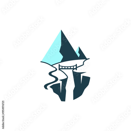 Mountain Valley with Bridge and River Crossing Symbolizing Connection and Journey on isolated white background