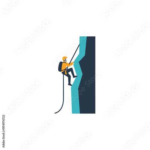 Rock Climber Ascending a Steep Blue Cliff Face with Rope on isolated white background