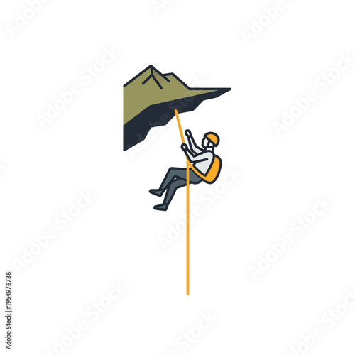 Person Rock Climbing Down a Mountain Cliff Face with Rope in Colorful Style on isolated white background