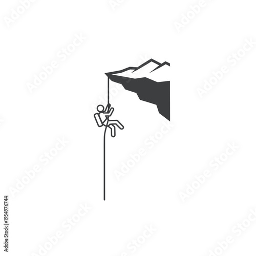 Climber Descending a Steep Cliff Face with Rope in Outline Style on isolated white background