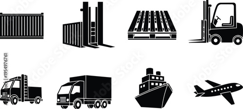 Vector art flat icons of cargo shipping container pallet forklift truck trailer truck lorry cargo ship airplane set for coloring book educational transport simple line