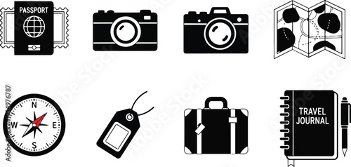 Vector travel icons coloring book page passport camera map compass luggage tag suitcase travel journal simple line art for kids adults printable outline monochrome educational relaxing