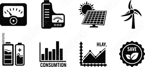 Minimalist vector icons energy conservation set for coloring book close up solar panel wind turbine battery meter consumption chart simple bold lines flat design outline educational