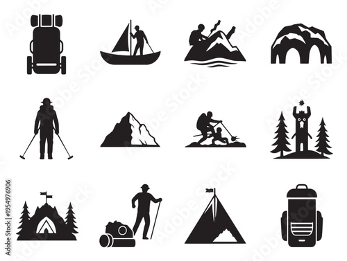 Collection of black camping and outdoor icons