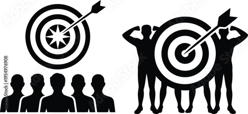 Strong team icons with target hit by an arrow representing shared business goals and strength