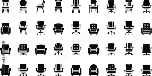 Collection of diverse black silhouette chair icons featuring modern dining office armchair and lounge designs perfect for interior design furniture selection and digital applications