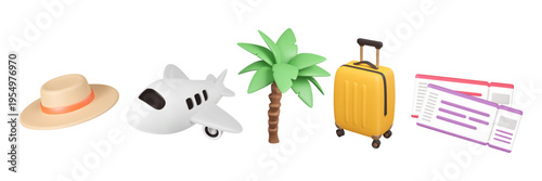 3d summer vacation elements in plastic style. Cartoon tropical objects. Vector illustration. Abstract cute plane, palm tree, journey tickets, straw hat and luggage. Travel isolated icons set.