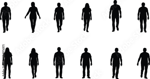 Collection of human walking silhouettes featuring male and female figures in various postures perfect for gait analysis biometric identification motion tracking and visual arts applications