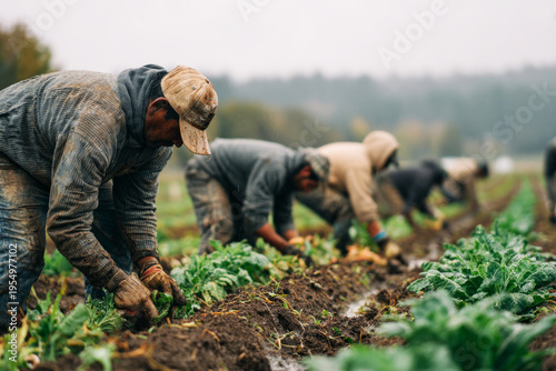 Several seasonal agricultural workers are harvesting vegetables side by side. They move in rhythm, focused on picking crops in a large garden under the open sky