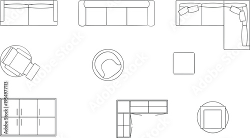 Top view schematic drawings of diverse furniture pieces including sofas armchairs tables cabinets and desks perfect for interior design architectural planning and space arrangement visualization