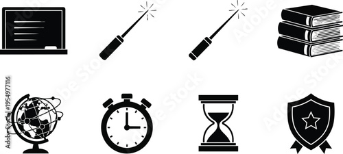 Minimalist black educational icons set for a coloring book featuring globe clock hourglass books chalkboard wand and shield simple line art for school learning study