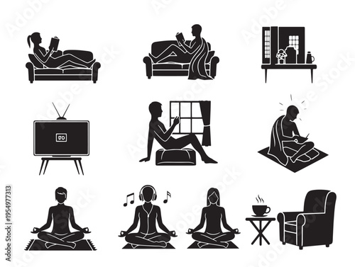 A set of black silhouettes of people in different sitting positions