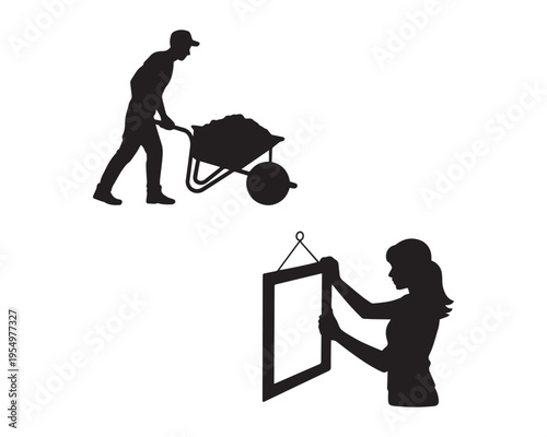 Black silhouette of construction worker pushing wheelbarrow and woman hanging picture frame on wall, minimal flat design isolated on light background