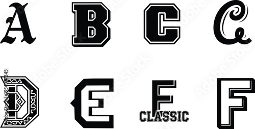 Vector art coloring book page set of ornamental varsity alphabet letters close up black outline isolated bold playful line art for coloring book kids practice pages