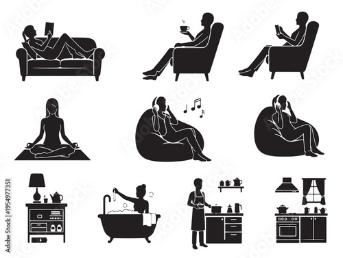 A set of black silhouettes of people in different positions and furniture