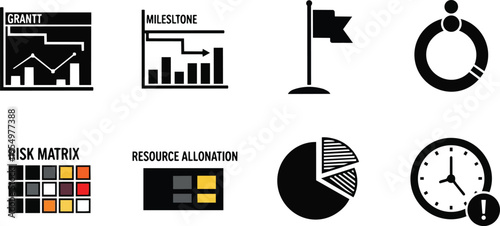 Flat design close up business infographic icons showing charts graphs flag pie chart clock and risk matrix arranged in neat rows for a coloring book vector