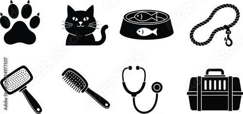 Simple black pet care icons set for a coloring book with cat paw bowl leash brush comb stethoscope carrier grooming tools flat vector art line style