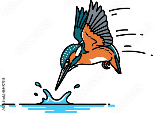 A swift kingfisher bird, adorned with brilliant orange and blue feathers, gracefully plunges into the water, producing an energetic splash, expertly captured in a modern artistic illustration.