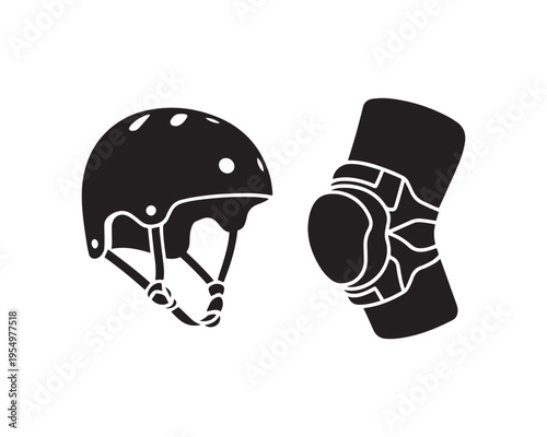Black silhouette of safety helmet and protective knee pad isolated on white background, sports protection gear icon, minimalist design for extreme activities