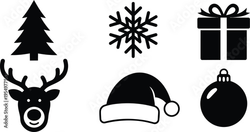 Minimalist black and white vector coloring book page featuring six christmas icons including reindeer tree snowflake santa hat gift and bauble close up line art detail