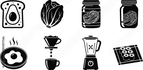 Minimalist vector kitchen icons close up breakfast and pantry food items toast with avocado cabbage jar jam fried egg pour over coffee blender sushi coloring book