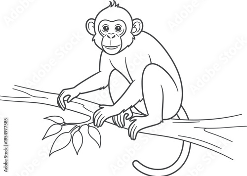 Fotografía Cute cartoon monkey sitting peacefully on a tree branch, looking directly at the viewer, ready for children to color and learn about jungle animals and wildlife