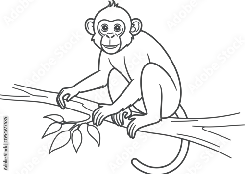 Obraz Cute cartoon monkey sitting peacefully on a tree branch, looking directly at the viewer, ready for children to color and learn about jungle animals and wildlife.