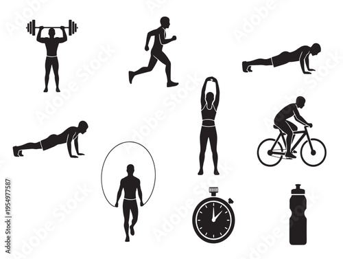 Silhouettes of people exercising in various fitness activities