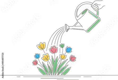 A human hand diligently waters a vibrant bouquet of colorful stylized spring flowers, symbolizing growth, care, and the nurturing of new ideas in this charming minimalist line art illustration.
