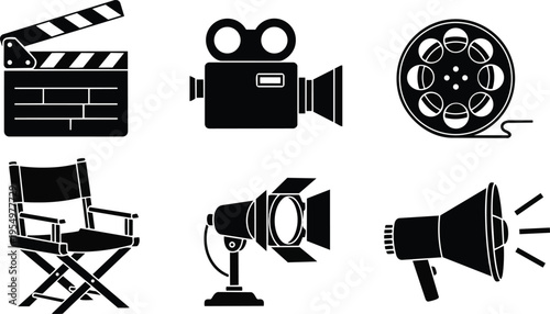 Vector art black cinema icons set for coloring book page featuring clapperboard film camera film reel director chair studio light megaphone arranged in neat grid outline